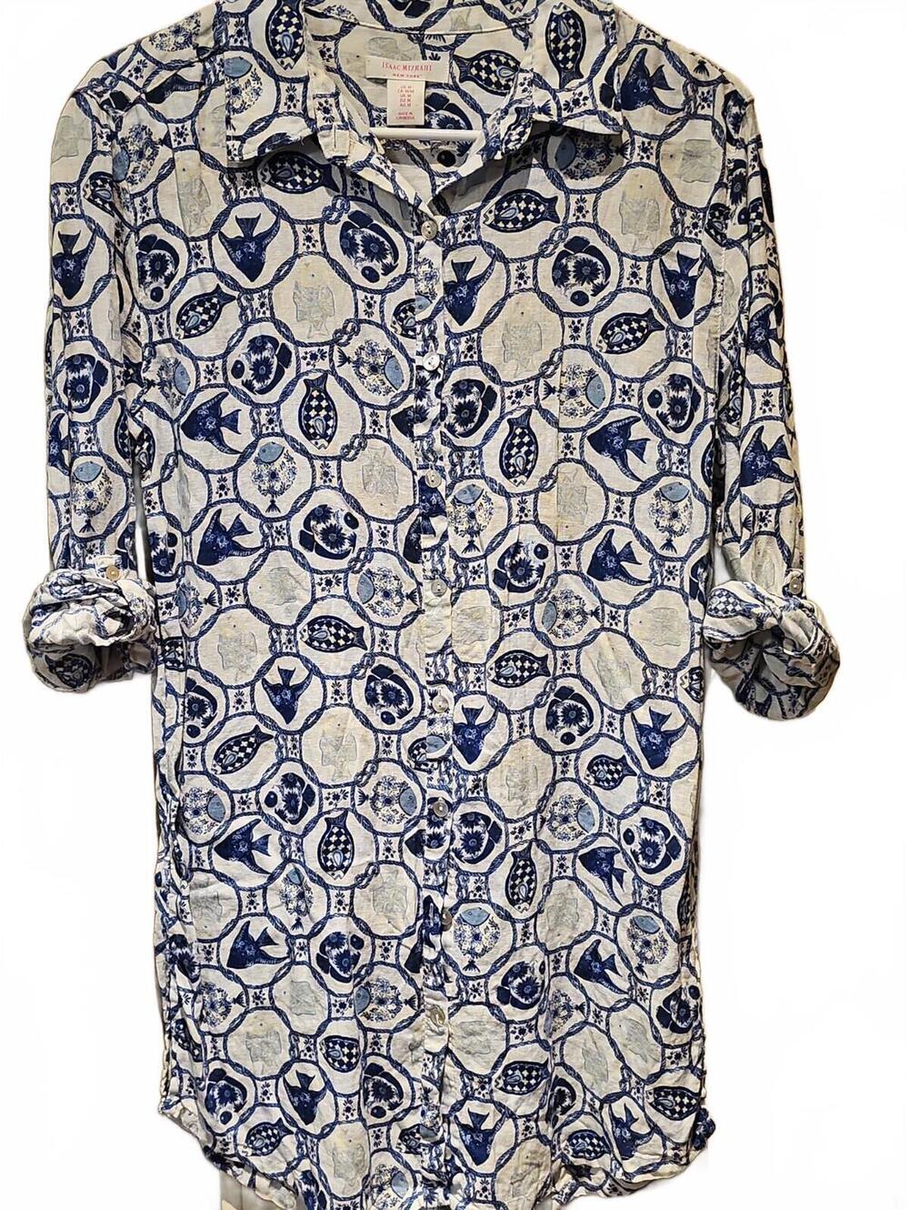 Isaac Mizrahi New York Linen Blend Nautical Fish Print Tunic Shirt Blue White M